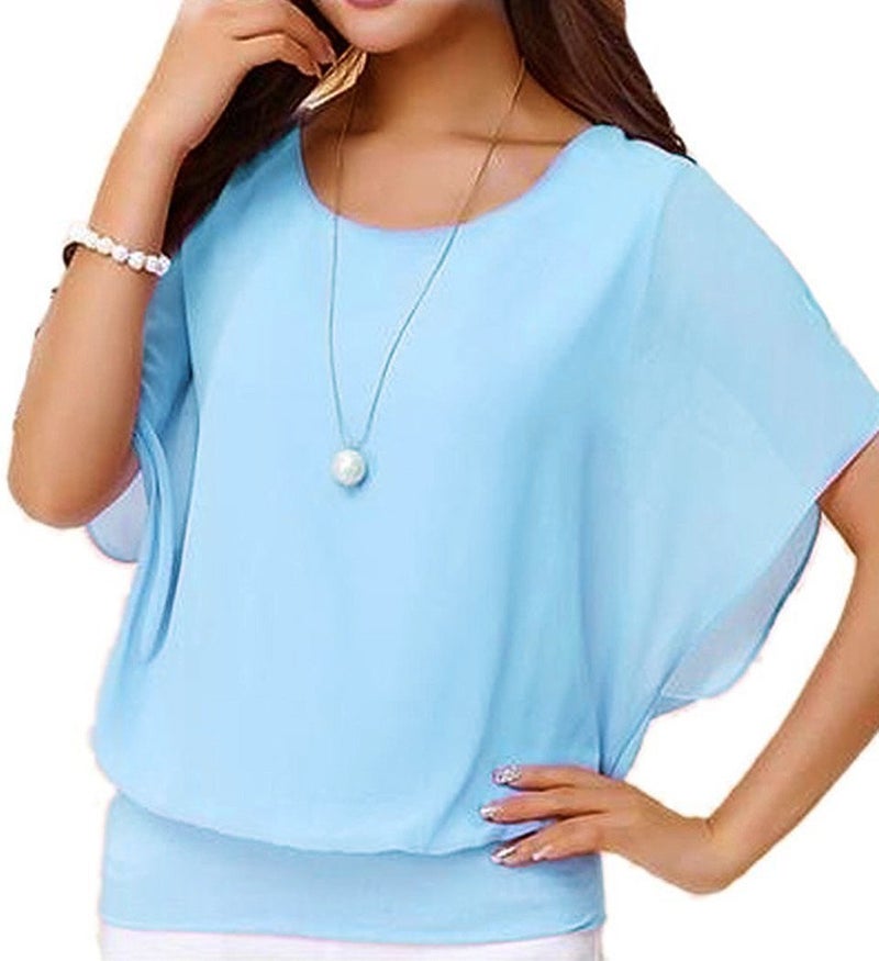 VIISHOW Women's Loose Casual Short Sleeve Chiffon Top T-Shirt Blouse Light Blue XX-Large - Image 1